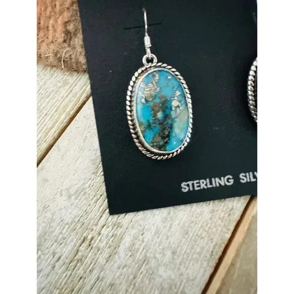 Navajo Sterling Silver & Morenci Turquoise Post Earrings - Picture 3 of 6